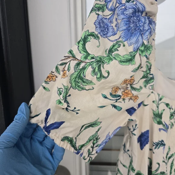 London Times Linen Blend Floral-Print Puff-Sleeve Midi Dress Sz 16 Smocked Back - Picture 14 of 15